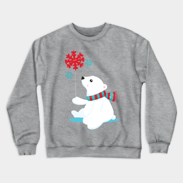 Polar Bear, Bear With Scarf, Cute Bear, Snowflakes Crewneck Sweatshirt by Jelena Dunčević